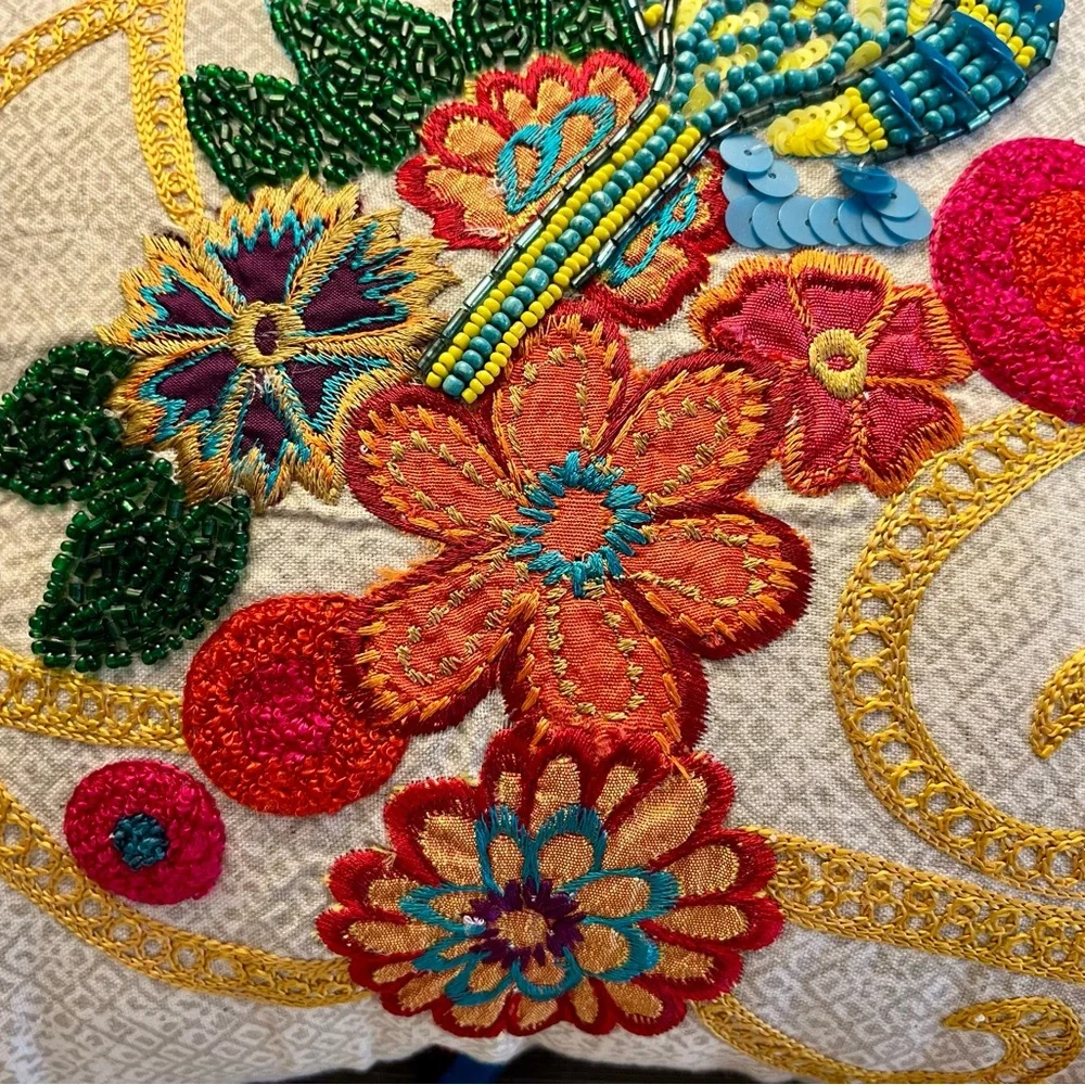 Arhaus Throw Pillow Beaded & Embroidered Bird Flowers GORGEOUS 16x16”